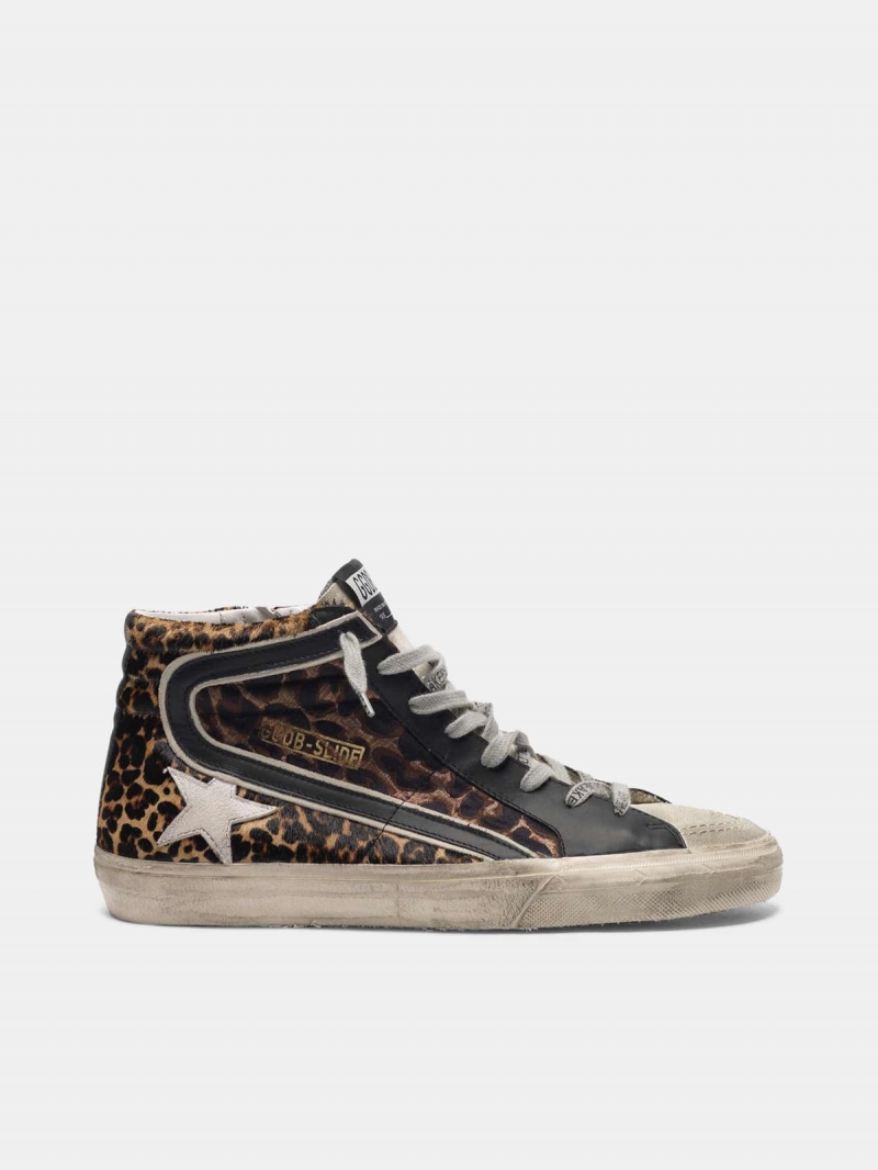 Slide sneakers in leopard-print pony skin