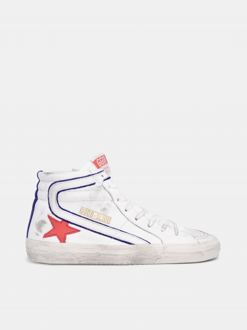 White Slide sneakers with blue piping and red star